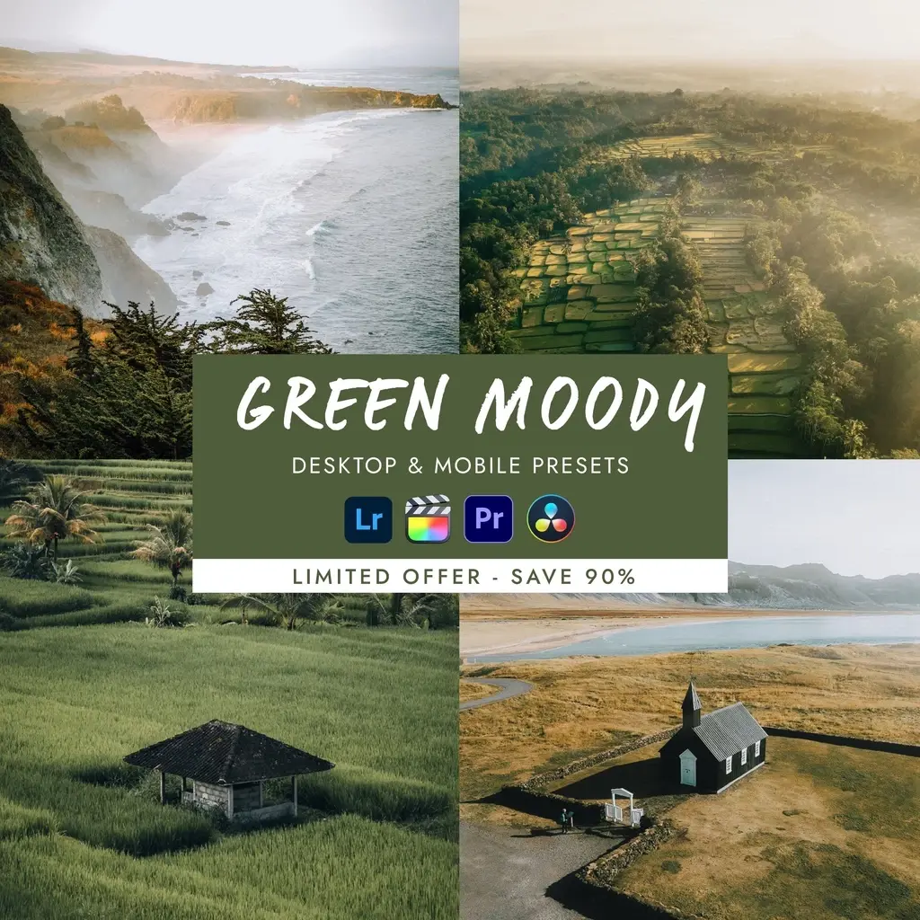 Preset Lightroom Green Moody dengan tone hijau gelap moody dan cinematic.