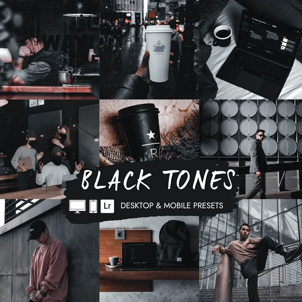 Preset Lightroom Black Tones dengan tone hitam moody dan cinematic.