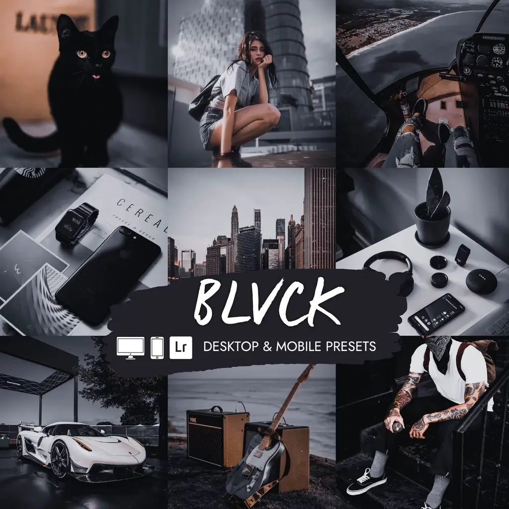 Preset Lightroom BLVCK dengan tone hitam bold dan cinematic.