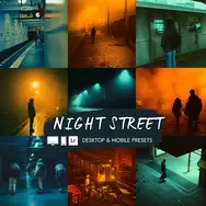 Preset Lightroom Night Street dengan tone malam neon dan cinematic.